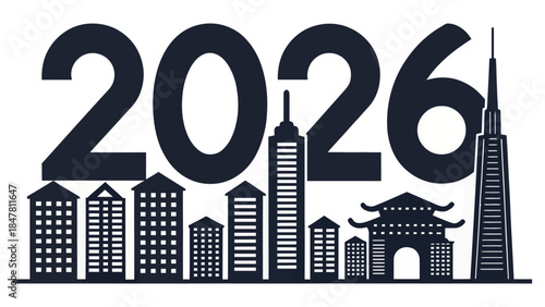 Modern cityscape with 2026 text and futuristic skyline