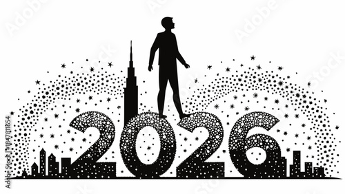 Man standing on 2026 with cityscape and starry night background