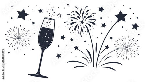 Celebratory champagne glass with fireworks and stars