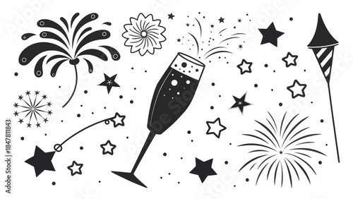 Celebration background with fireworks and champagne
