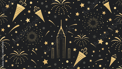 Golden celebration background with cityscape and fireworks