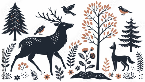 Whimsical forest scene with deer, birds, and trees in harmony