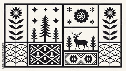 Vintage nature collage with deer and trees in geometric patterns