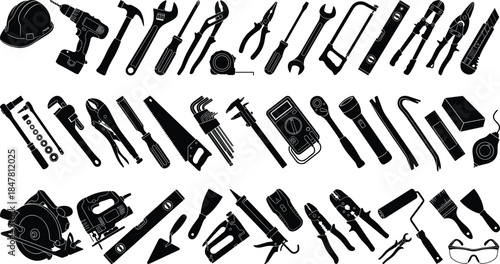 Hand tools and safety equipment silhouette vector set, workshop icons, construction gear, flat cad drawing, editable outline, isolated graphic