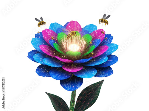 Vibrant Glittering Bloom and Bees on white background