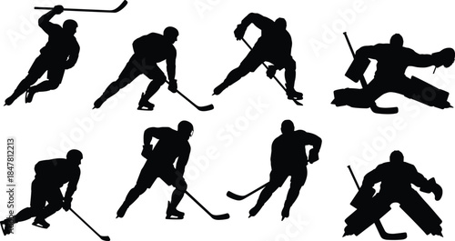 Hockey, player, silhouette, skating, shooting, defending, goalie, sport, action, black, icon, vector, flat, dynamic, ice, athlete, motion, pose, illustration, cad drawing flat vector illustration