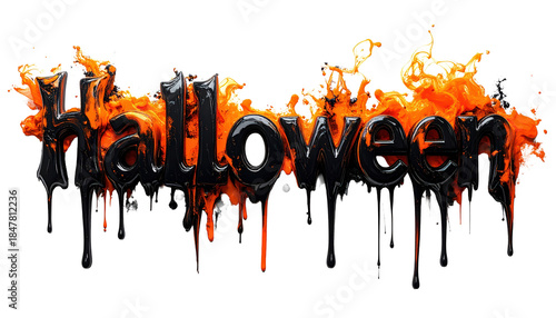 Halloween Text Effect With Dripping Black Paint And Orange Liquid Splash On Transparent Background For Spooky Season And Holiday Designs