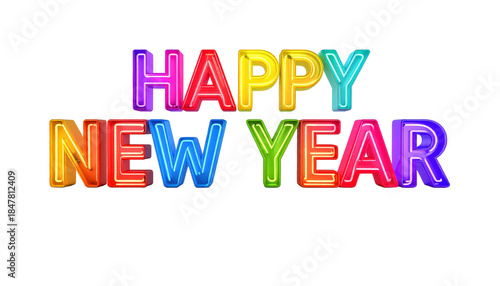 Colorful Neon Happy New Year Sign On Transparent Background Holiday Celebration Message Festive Greeting Party Decoration Isolated Graphic Element