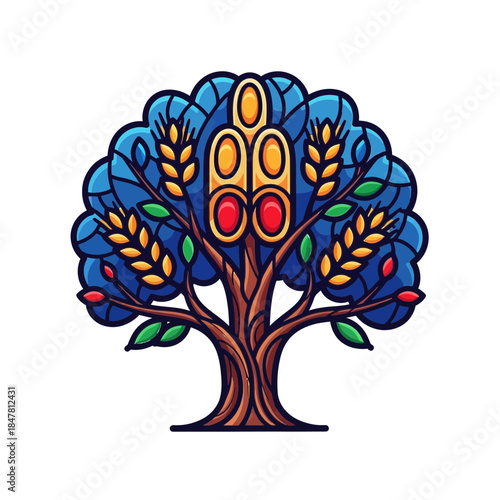 Vibrant Colorful Symmetrical Abstract Tree With Blue Green Yellow Red Leaves and Branches.jpg