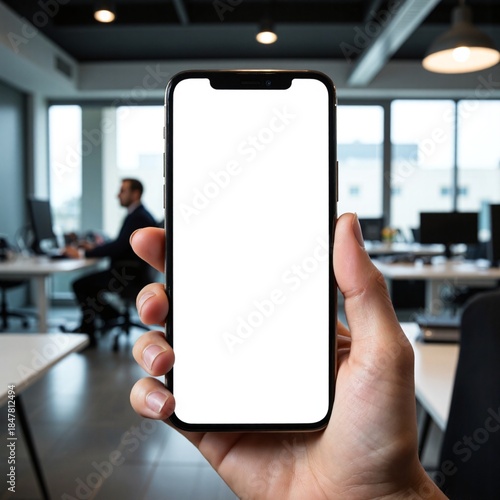Smartphone White Screen Mockup in Hands in Busy Office Environment