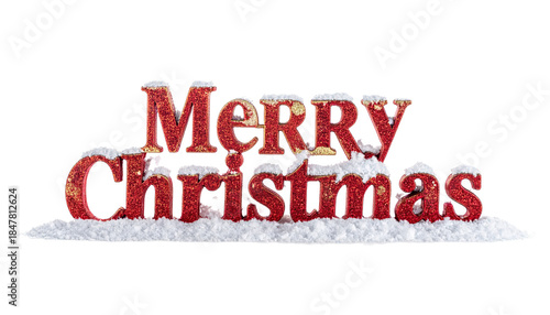 Festive Merry Christmas Red Glitter Letters With Snow Isolated On Transparent Background For Holiday Greetings And Winter Season Celebrations