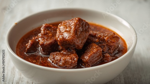 Appetizing Close-up of Tender Slow-Cooked Beef Stew Chunks in Rich Glossy Sauce