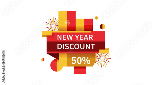 New Year Discount 50% banner with festive red and gold design and abstract firework elements, perfect for promotions and sales.