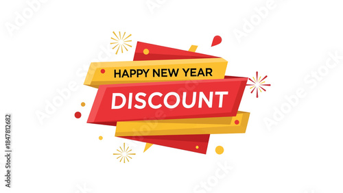 A vibrant red and yellow banner with 'HAPPY NEW YEAR DISCOUNT' text, surrounded by festive fireworks and confetti, set against a clean white background, perfect for holiday sales promotions.