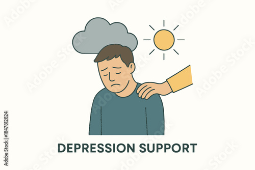 Hand Comforts Sad Person Under Cloud, Offering Depression Support