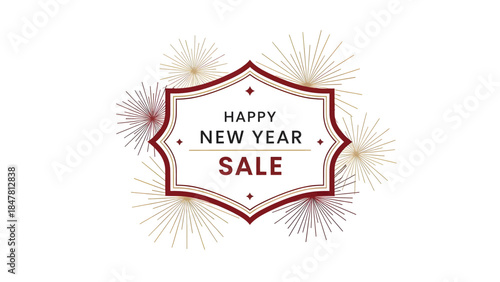 Happy New Year Sale badge with festive fireworks on a white background, perfect for holiday promotions and seasonal discounts.