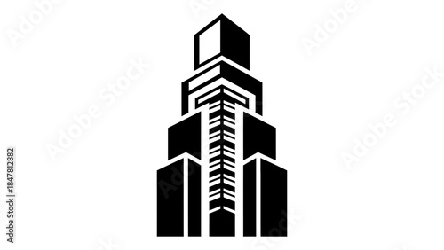 Modern Black and White Architectural Illustration of a High-Rise Building with Geometric Design