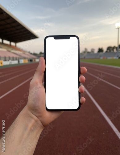Hand holding smartphone with empty white display on athletic running track mockup