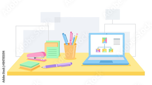 modern digital workspace with laptop stationery and organizational tools emphasizing productivity