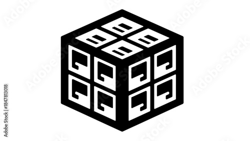 Modern geometric cube illustration featuring repeating patterned sides in black and white style