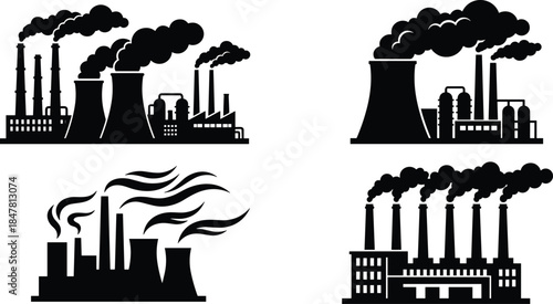 Industrial Factory Silhouettes Set Featuring Power Plants, Smoke Stacks and Heavy Industry Buildings Isolated on White Background Illustration