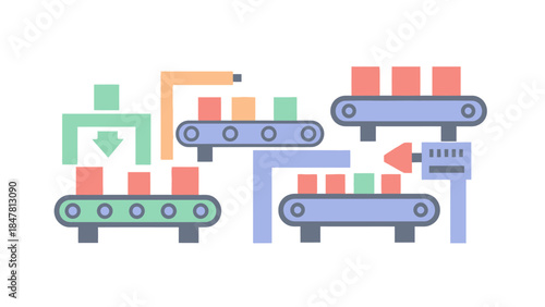 Modern illustration of a colorful automated factory production line with conveyor belts and