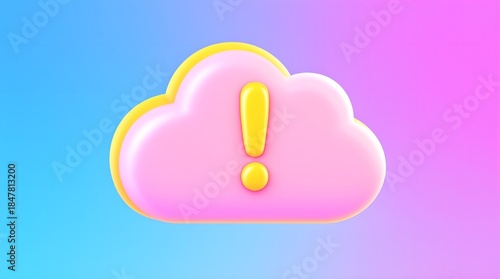 digital graphic featuring a pink cloud with a yellow exclamation mark at its center, set against a gradient blue-to-pink background.
