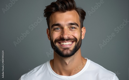Waist-up shot of handsome sensual and confident young man with beard, moustache and blue eyes smiling looking sincere and self-assured at camera as with delighted smile against gray background
