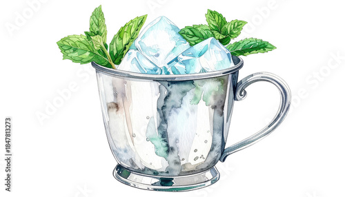 A watercolor illustration of a silver mug filled with ice cubes and fresh green mint sprigs, set against a transparent backdrop