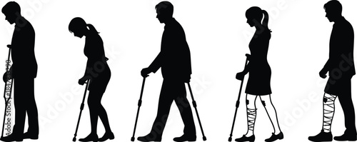 Injured person silhouette set, crutch user icons, leg injury poses, black vector, flat CAD drawing, rehabilitation illustration