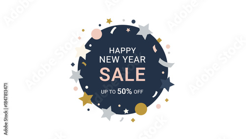 Happy New Year Sale badge with stars and confetti, offering up to 50% off, on a white background.
