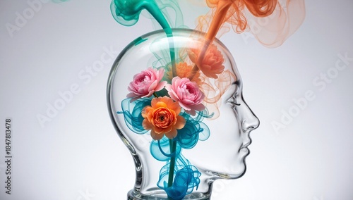 Creative concept of blooming mind featuring glass head silhouette with roses and swirling ink