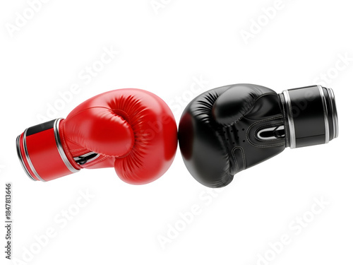 Red and Black Boxing Gloves Facing Off: Competition and Challenge Concept on white background