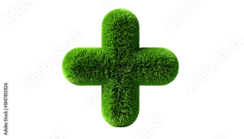 A grassy plus sign against a black background. Its fluffy texture and bright green color create a striking visual contrast