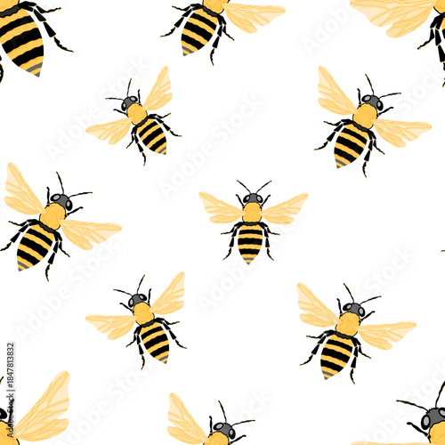 A playful seamless pattern featuring flying bees with translucent wings on a clean white background. This vector design is great for eco packaging, textiles, children products or beekeeping branding.