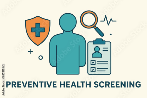 Preventive health screening concept with shield, magnifying glass, and records.