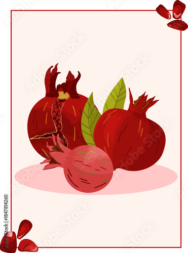 A beautifully composed postcard illustration of whole and opened pomegranates with juicy seeds and leaves on a warm blush background. Ideal for seasonal cards, food branding.