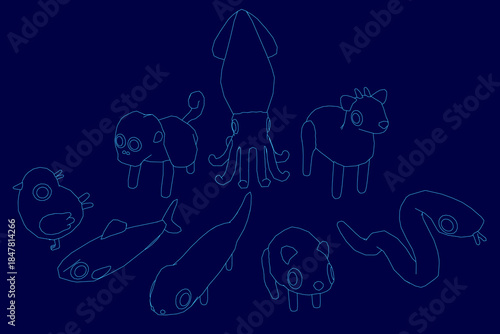 Low poly animal set in a sketch-like contour style, arranged in a circle on a calming blue background. Each creature has unique features and characteristics.