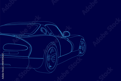 A sleek blue sports car contour drawing on a dark blue background, featuring dynamic lines and a minimalist aesthetic.
