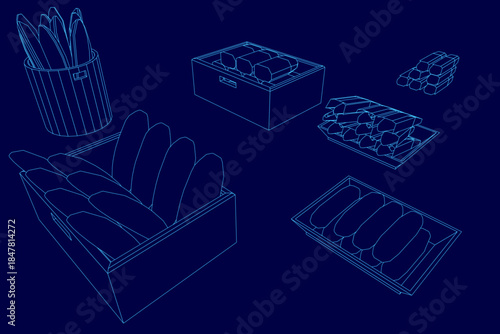 A bakery products set with bread and ice cubes in containers, arranged on a blue background with clean contour lines.