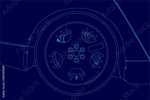 Detailed blueprint of a sport car steering wheel with intricate spokes and contours, isolated on a solid blue background for high contrast.