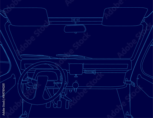 A retro mini car interior contour drawing in blue line art style, featuring a steering wheel and detailed dashboard.