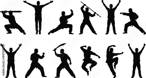 Martial arts silhouettes, dynamic combat stances, weapon poses, karate and kung fu action, flat vector illustration, cad drawing, stock asset