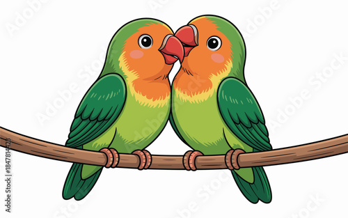 Two Colorful Green Lovebirds Perched Together On A Wooden Branch Vector Illustration