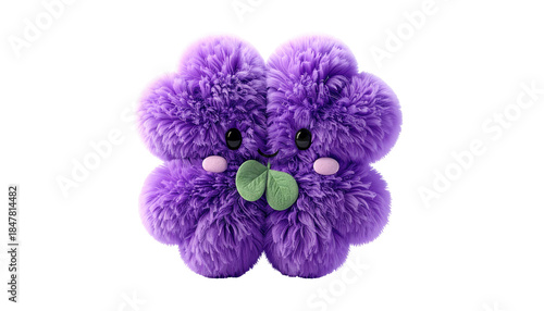 A fluffy, purple clover-shaped creature, complete with an adorable face, rosy cheeks, and holding a small green leaf
