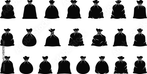 Money bag silhouette icon set showing wealth, savings and finance symbols in multiple shapes, black vector illustrations isolated on white