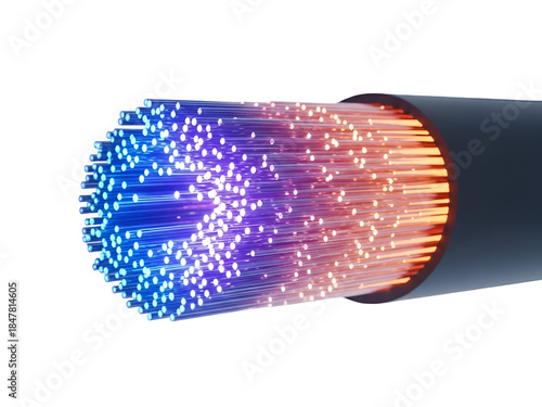 Fiber Optic Cable Cross-Section with Glowing Data Streams on white background