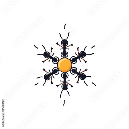 Abstract insect composition: A dynamic team of ants surrounding central sphere creating radial