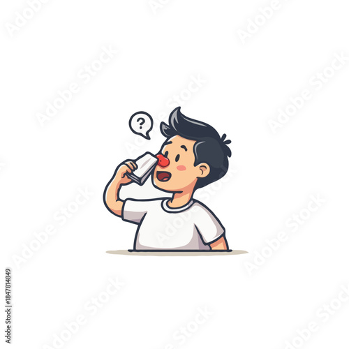 Cartoon character questioning beverage flavor while holding drink up to his nose in curiosity a