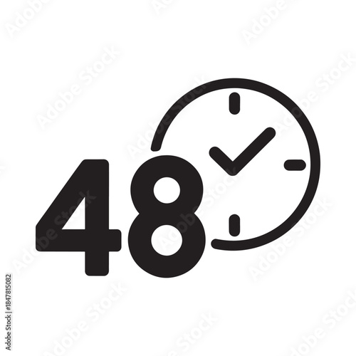 Forty eight hour symbol featuring a clock and bold numeric display